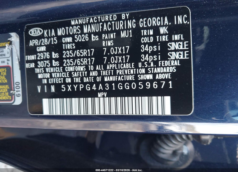 2016 KIA SORENTO 2.4L LX VIN: 5XYPG4A31GG059671