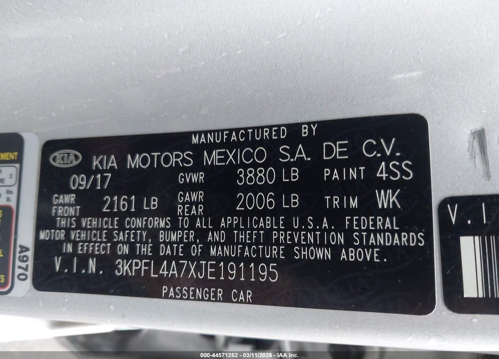 2018 KIA FORTE LX VIN: 3KPFL4A7XJE191195