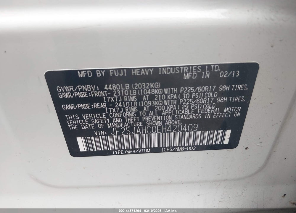 2014 SUBARU FORESTER 2.5I LIMITED VIN: JF2SJAHC0EH420409