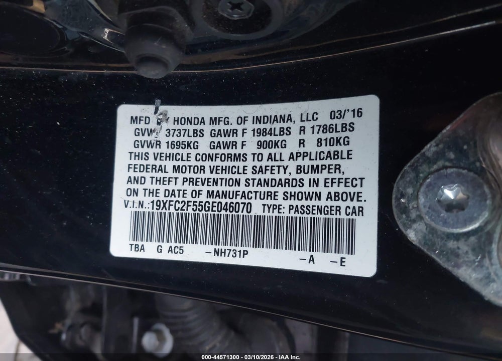 2016 HONDA CIVIC LX VIN: 19XFC2F55GE046070