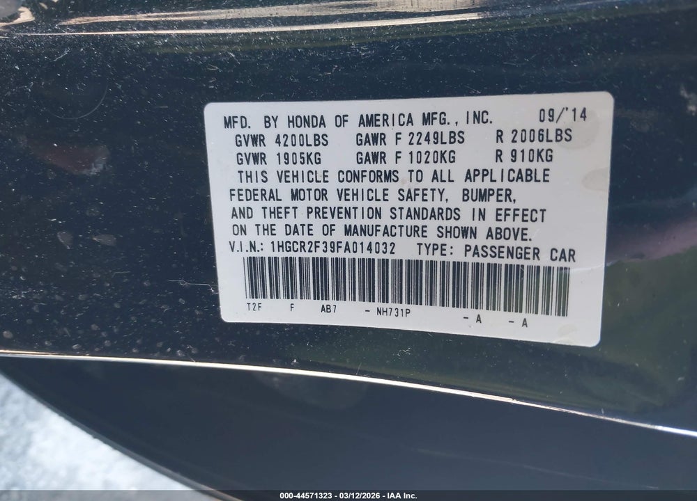 2015 HONDA ACCORD LX VIN: 1HGCR2F39FA014032