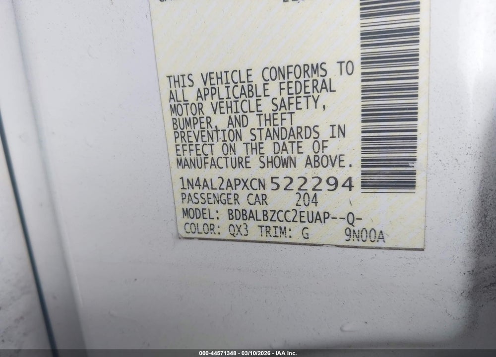 2012 NISSAN ALTIMA 2.5 S VIN: 1N4AL2APXCN522294