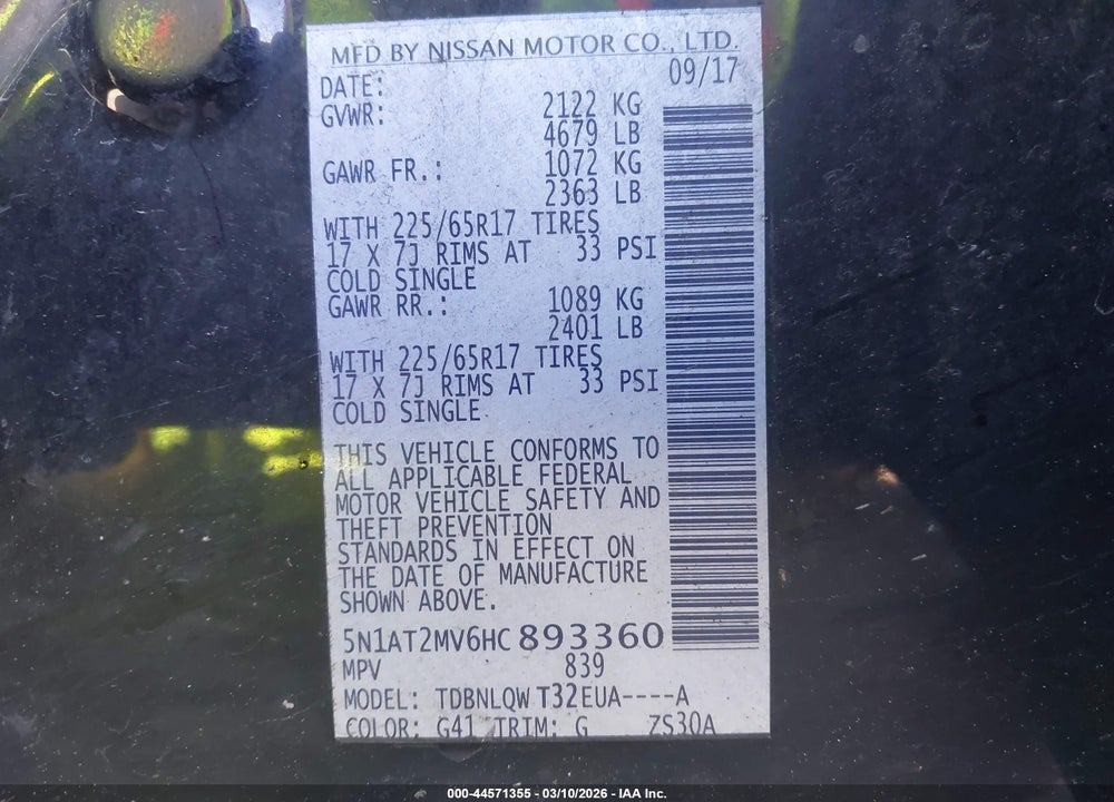 2017 NISSAN ROGUE SV VIN: 5N1AT2MV6HC893360