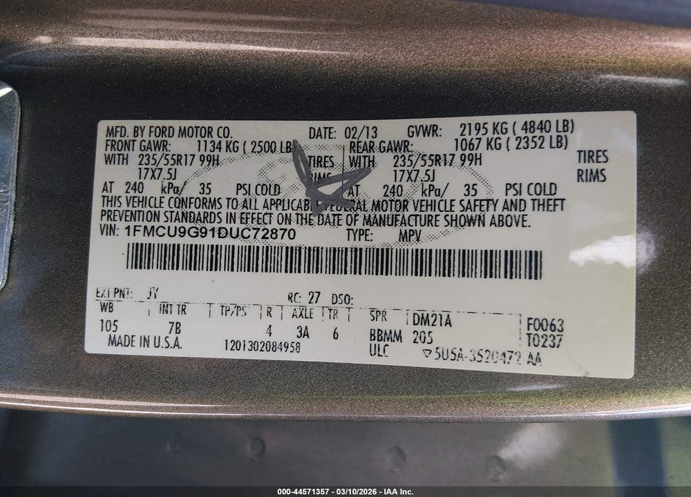 2013 FORD ESCAPE SE VIN: 1FMCU9G91DUC72870