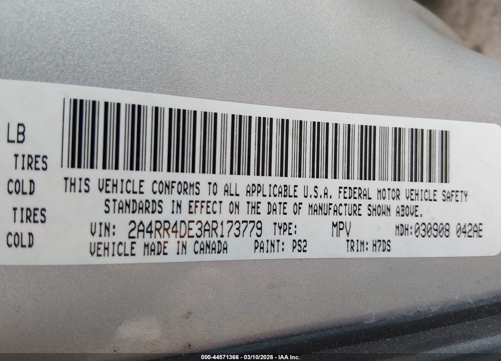 2010 CHRYSLER TOWN & COUNTRY LX VIN: 2A4RR4DE3AR173779