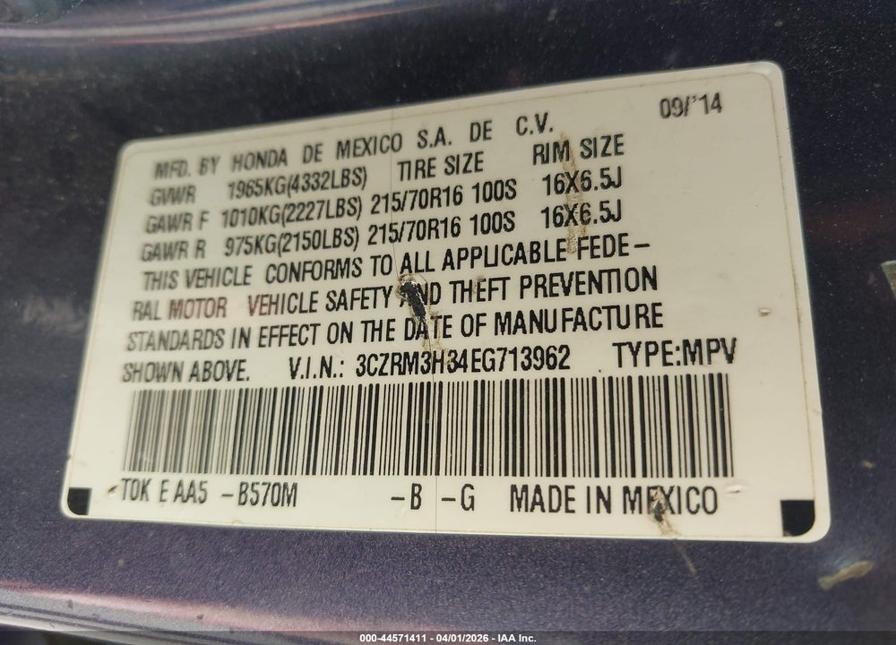 2014 HONDA CR-V LX VIN: 3CZRM3H34EG713962