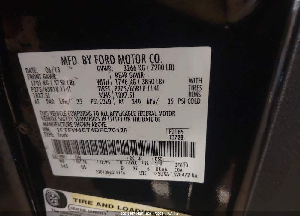 2013 FORD F-150 XLT VIN: 1FTFW1ET4DFC70126
