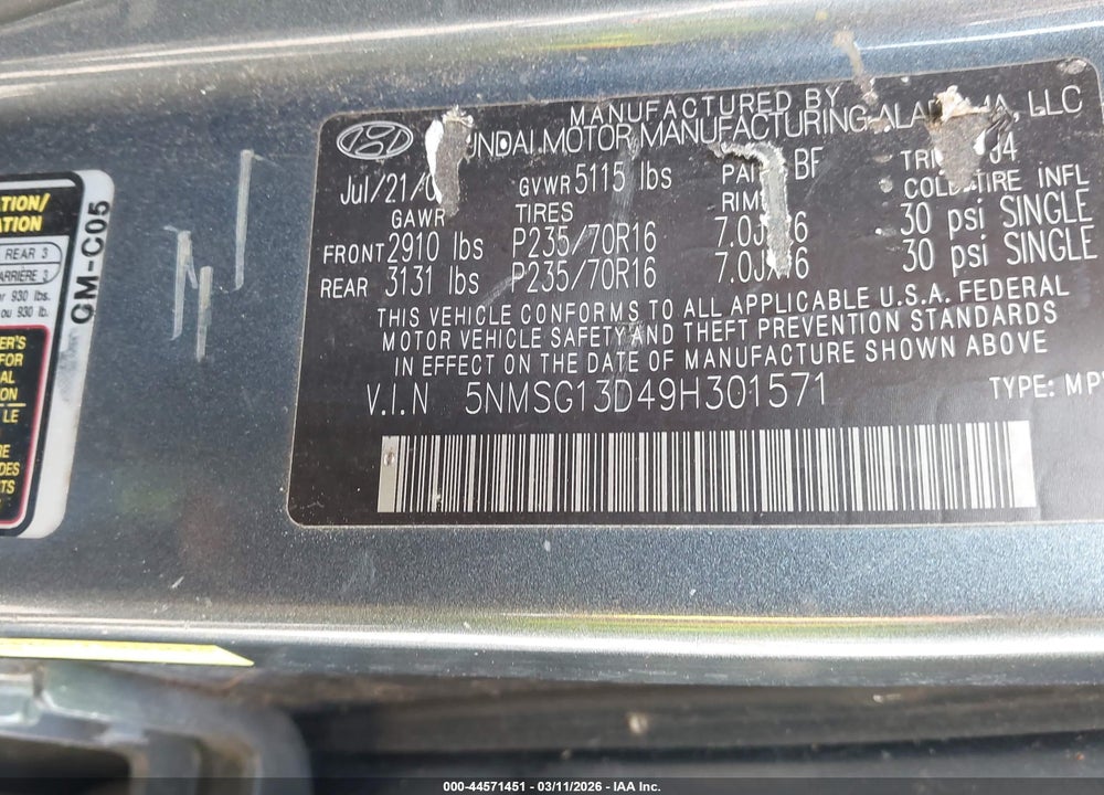 2009 HYUNDAI SANTA FE GLS VIN: 5NMSG13D49H301571