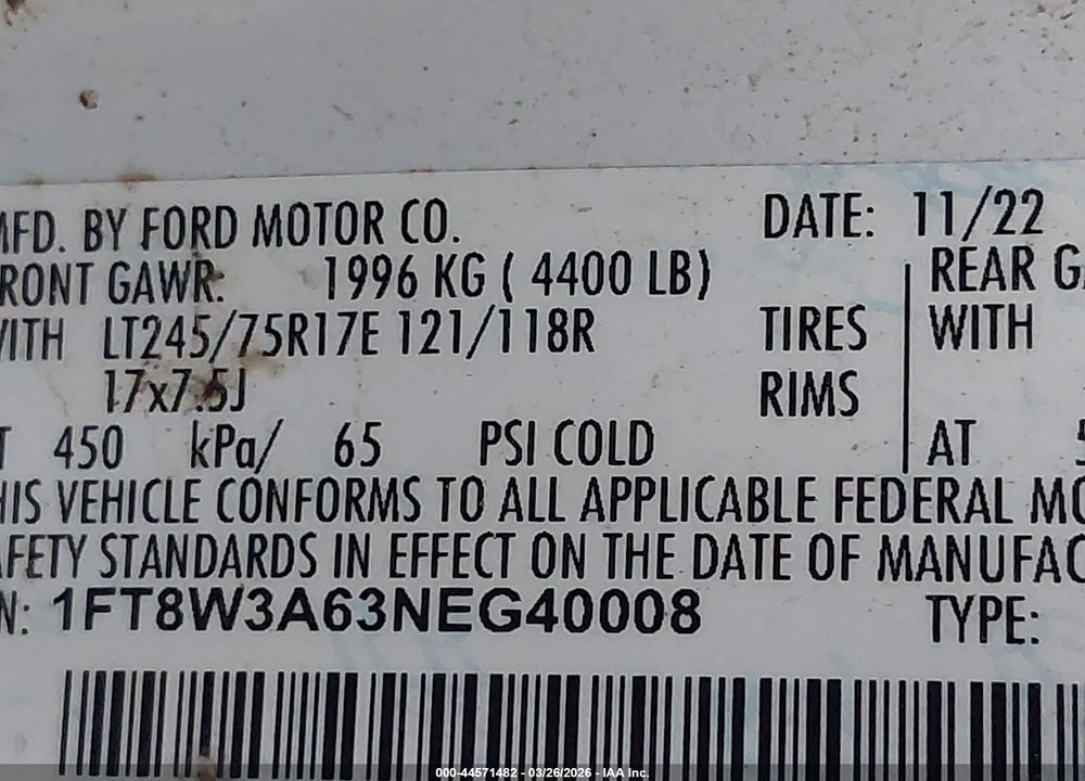 2022 FORD F-350 XL VIN: 1FT8W3A63NEG40008