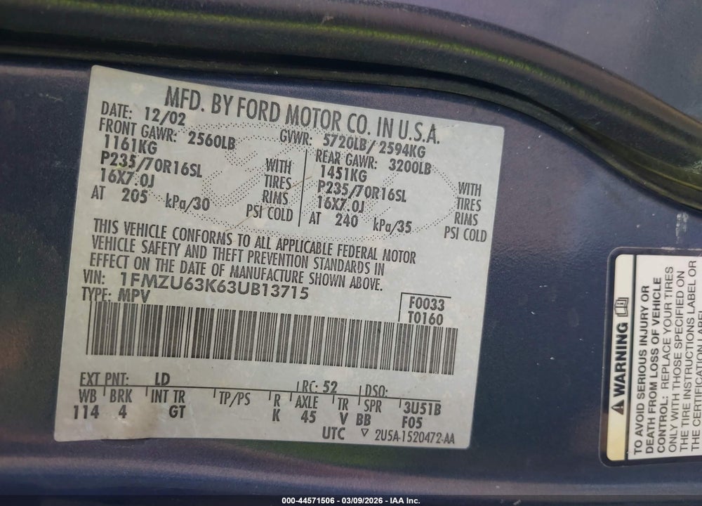 2003 FORD EXPLORER NBX/XLT VIN: 1FMZU63K63UB13715