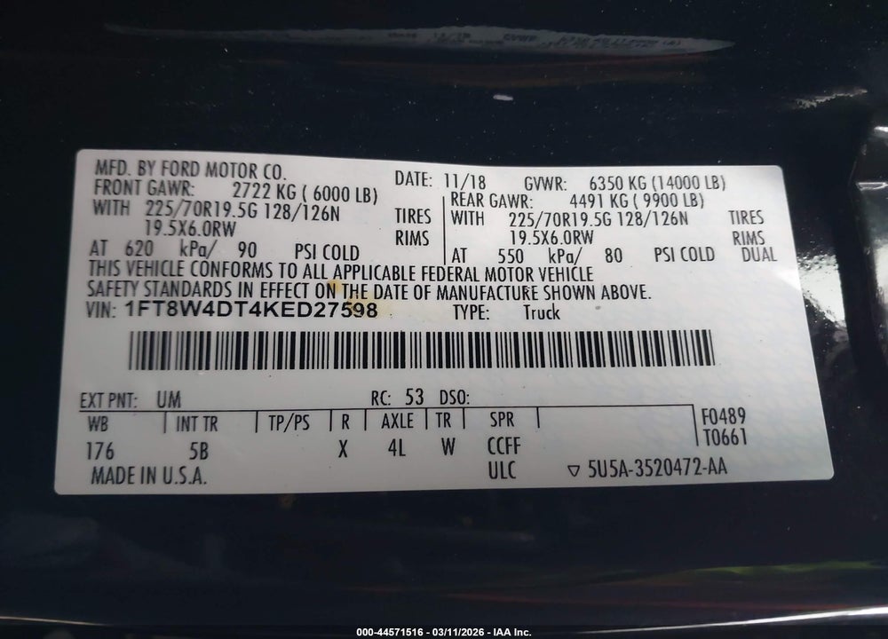 2019 FORD F-450 LARIAT VIN: 1FT8W4DT4KED27598