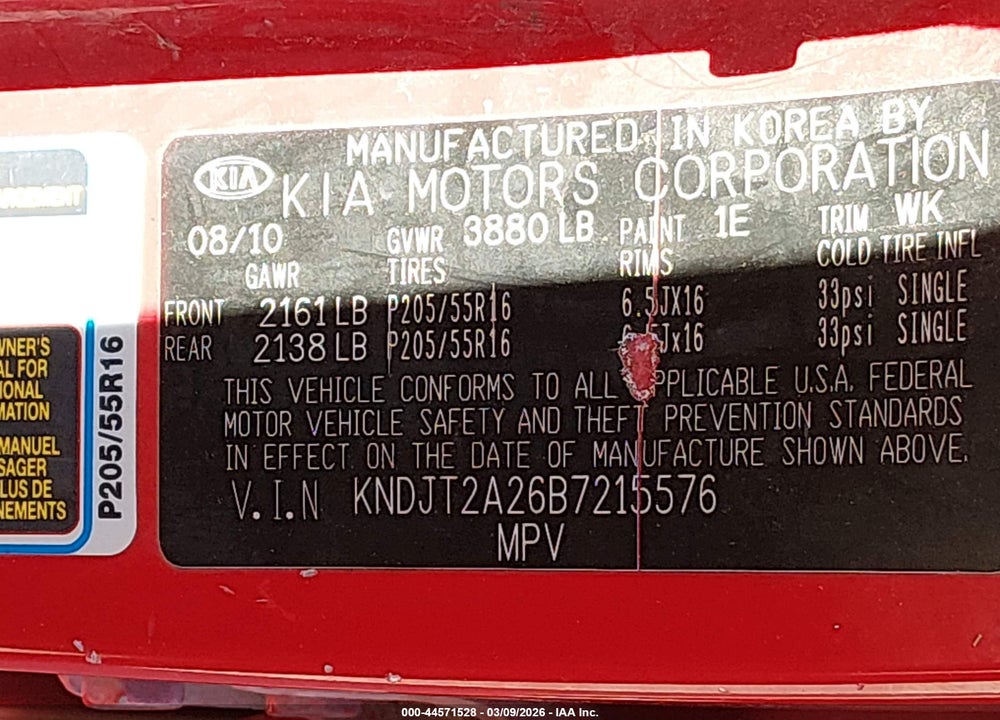 2011 KIA SOUL + VIN: KNDJT2A26B7215576