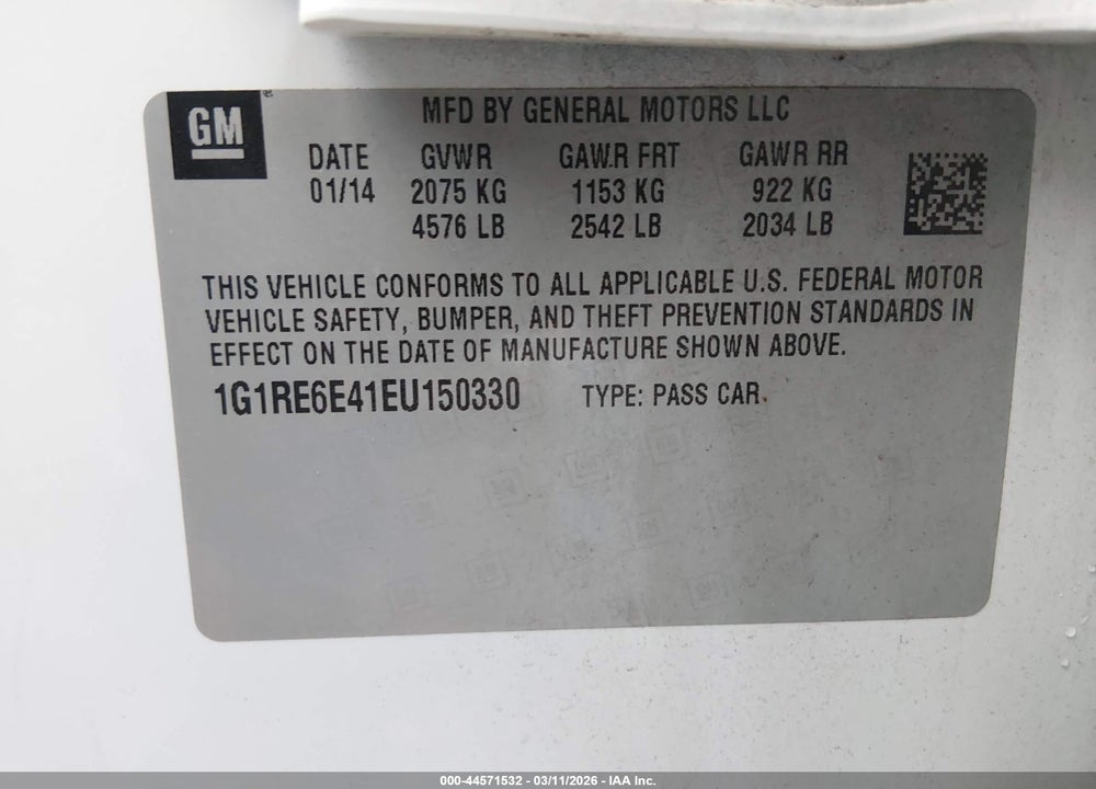 2014 CHEVROLET VOLT VIN: 1G1RE6E41EU150330