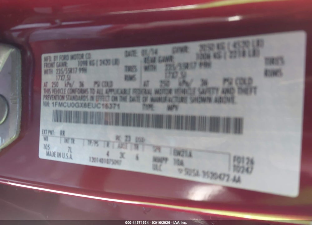 2014 FORD ESCAPE SE VIN: 1FMCU0GX6EUC16371