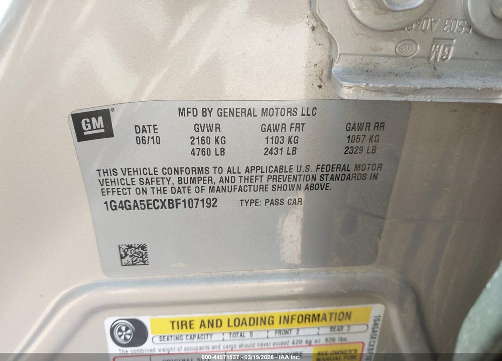 2011 BUICK LACROSSE CX VIN: 1G4GA5ECXBF107192