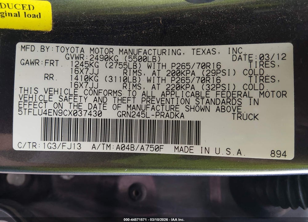 2012 TOYOTA TACOMA BASE V6 VIN: 5TFLU4EN9CX037430
