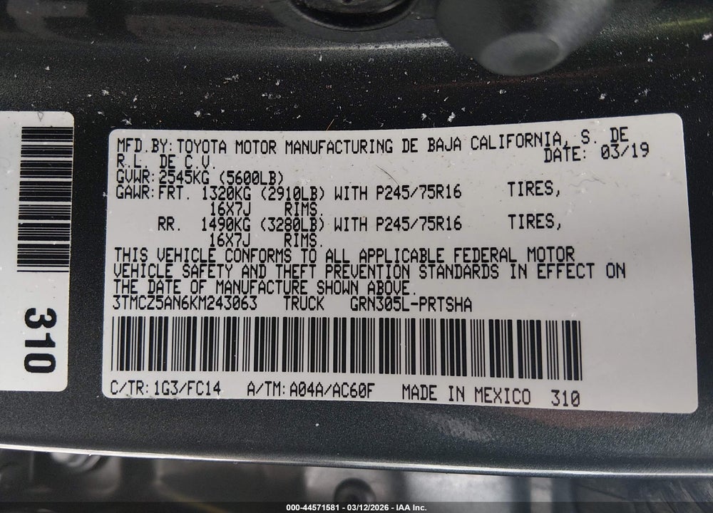 2019 TOYOTA TACOMA SR5 V6 VIN: 3TMCZ5AN6KM243063