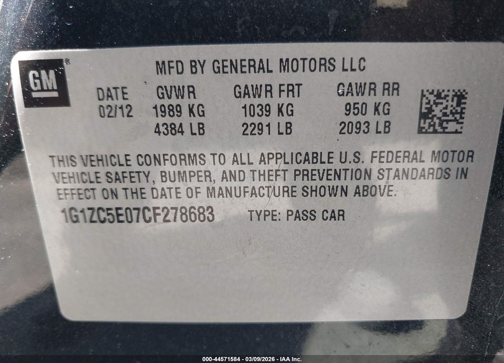 2012 CHEVROLET MALIBU 1LT VIN: 1G1ZC5E07CF278683