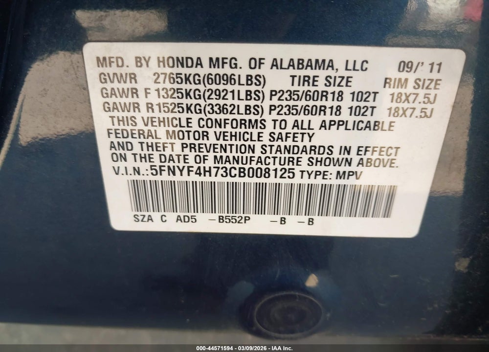 2012 HONDA PILOT EX-L VIN: 5FNYF4H73CB008125