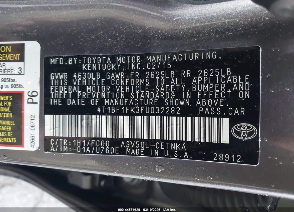 2015 TOYOTA CAMRY LE VIN: 4T1BF1FK3FU032282