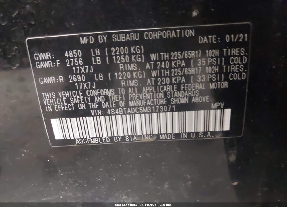 2021 SUBARU OUTBACK PREMIUM VIN: 4S4BTADC5M3173071