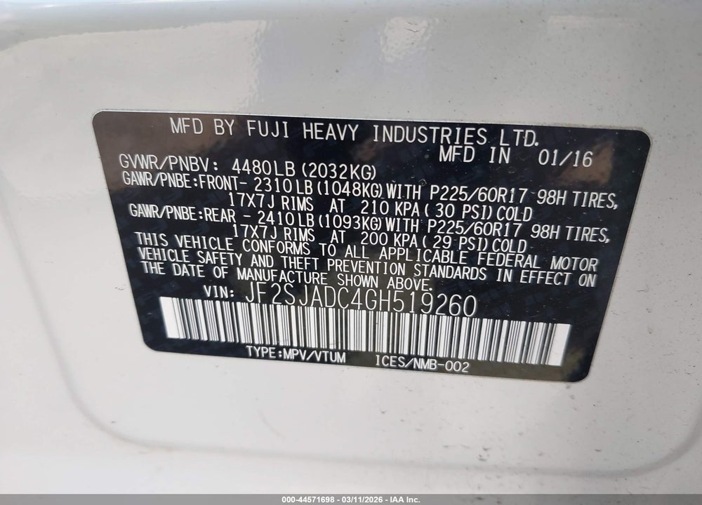 2016 SUBARU FORESTER 2.5I PREMIUM VIN: JF2SJADC4GH519260