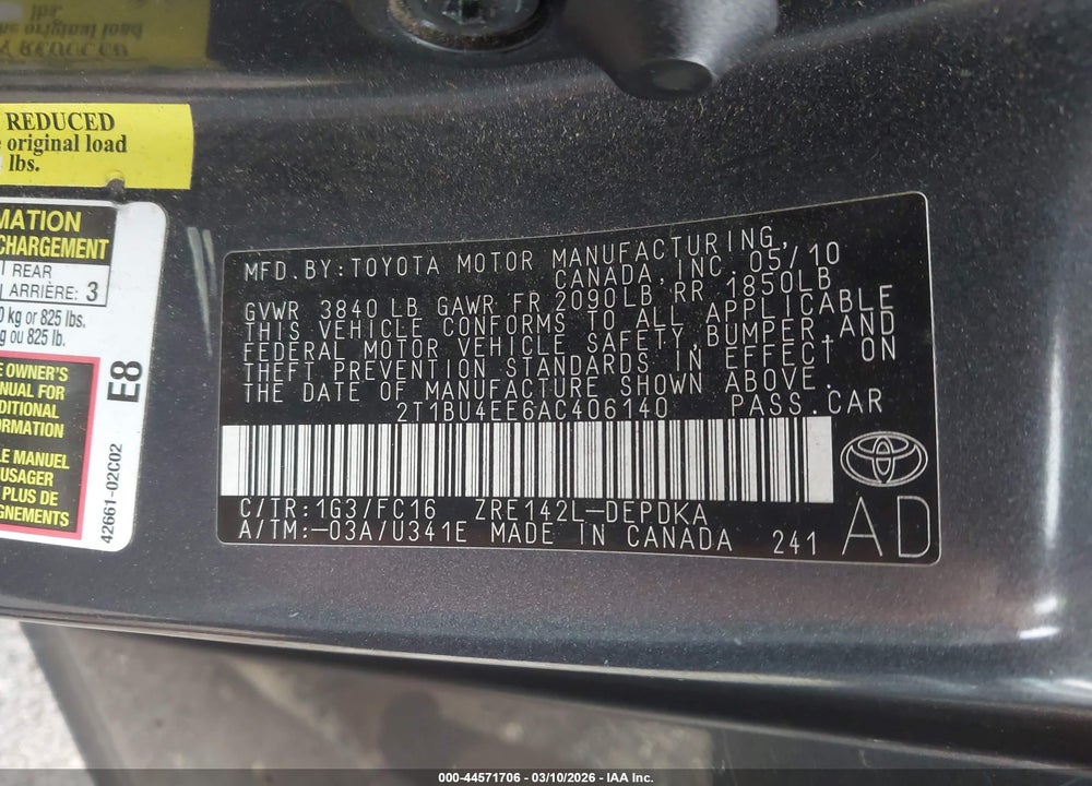 2010 TOYOTA COROLLA LE VIN: 2T1BU4EE6AC406140