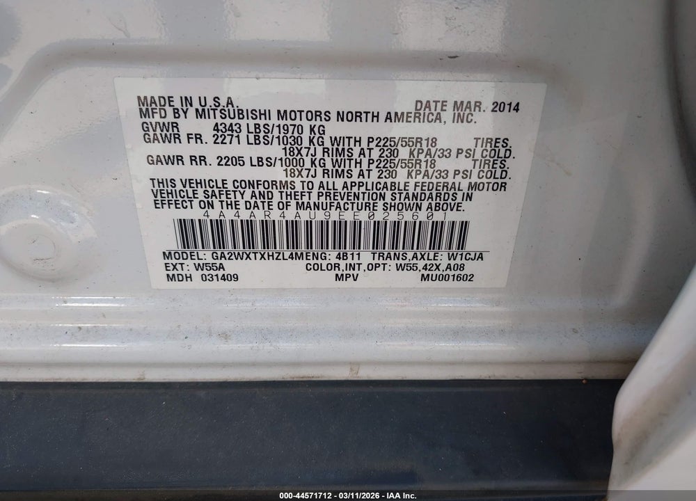 2014 MITSUBISHI OUTLANDER SPORT SE VIN: 4A4AR4AU9EE025601