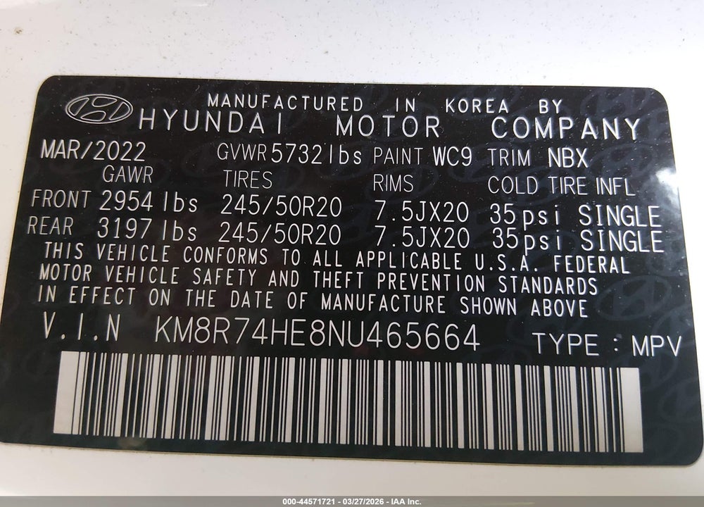 2022 HYUNDAI PALISADE CALLIGRAPHY VIN: KM8R74HE8NU465664