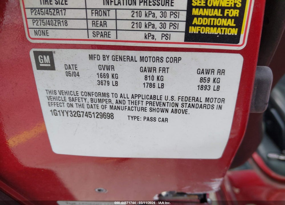 2004 CHEVROLET CORVETTE VIN: 1G1YY32G745129698