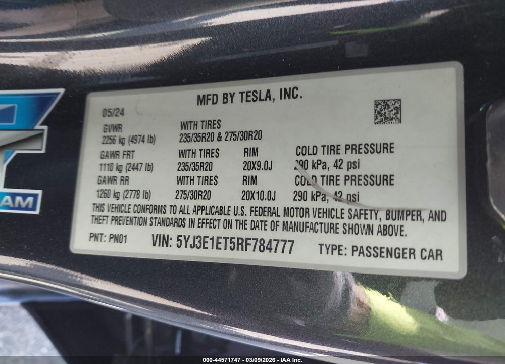 2024 TESLA MODEL 3 PERFORMANCE ALL-WHEEL DRIVE VIN: 5YJ3E1ET5RF784777