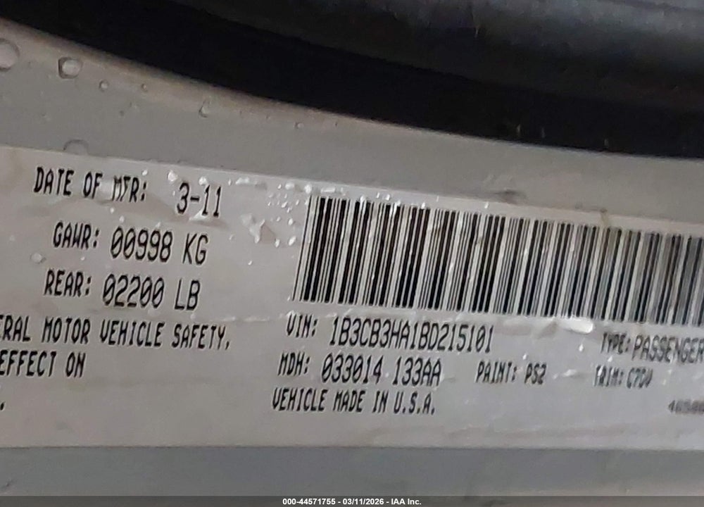 2011 DODGE CALIBER MAINSTREET VIN: 1B3CB3HA1BD215101