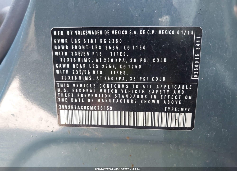 2019 VOLKSWAGEN TIGUAN 2.0T SE/2.0T SEL/2.0T SEL R-LINE/2.0T SEL R-LINE BLACK VIN: 3VV3B7AX0KM078159