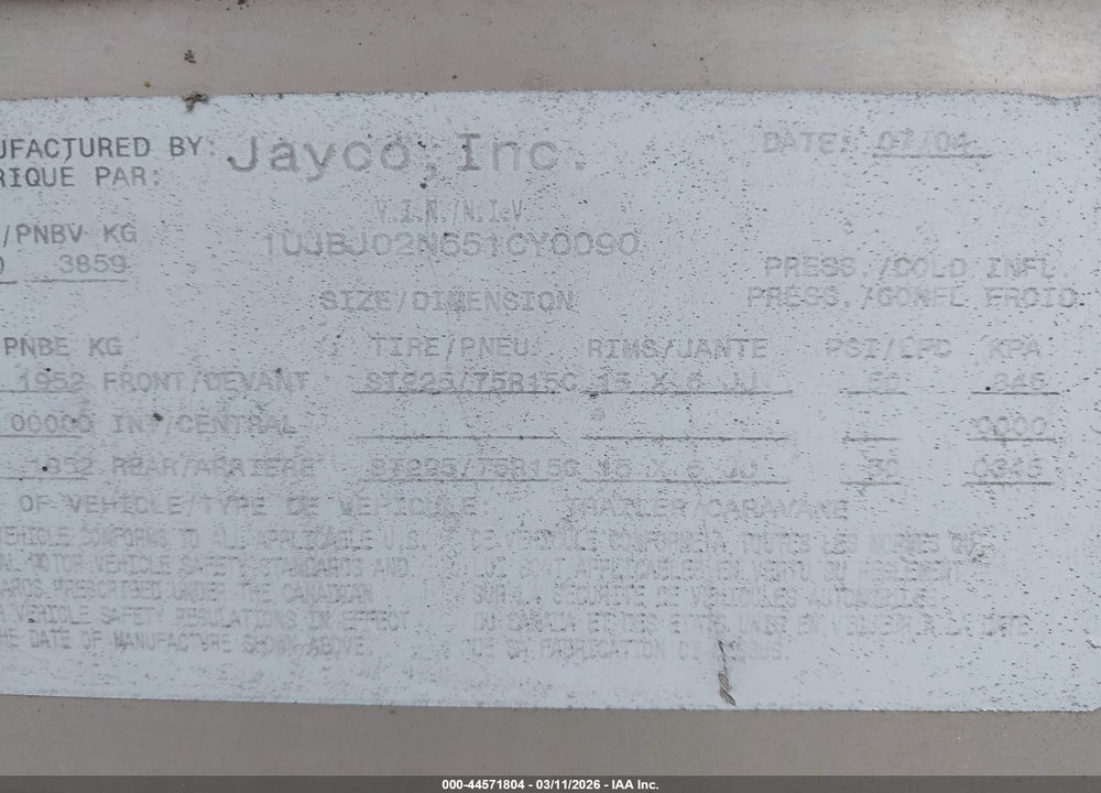 2005 JAYCO EAGLE SERIES M-282 F VIN: 1UJBJ02N651CY0090