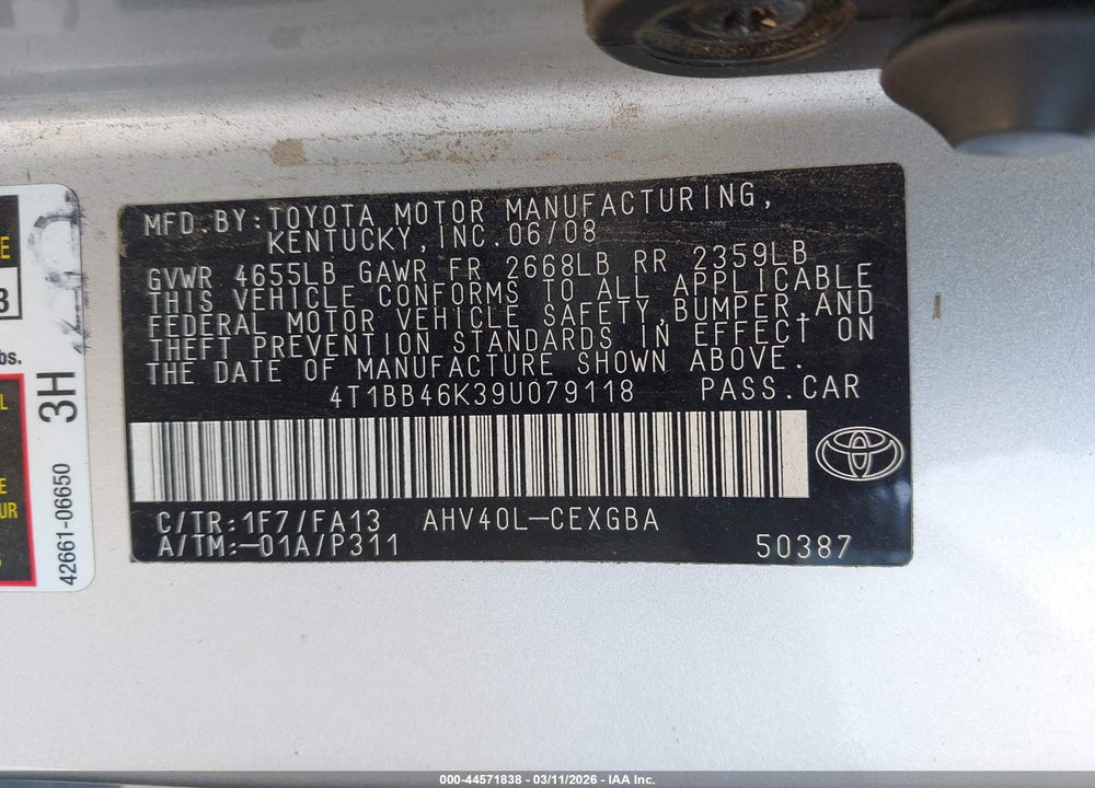 2009 TOYOTA CAMRY HYBRID VIN: 4T1BB46K39U079118