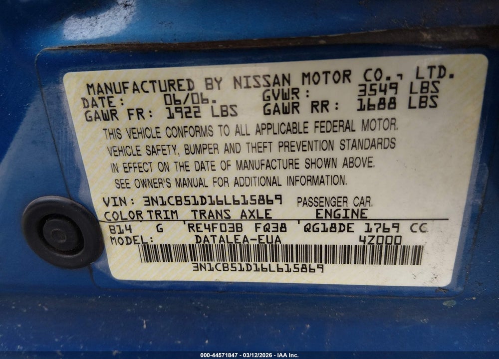 2006 NISSAN SENTRA 1.8S VIN: 3N1CB51D16L615869