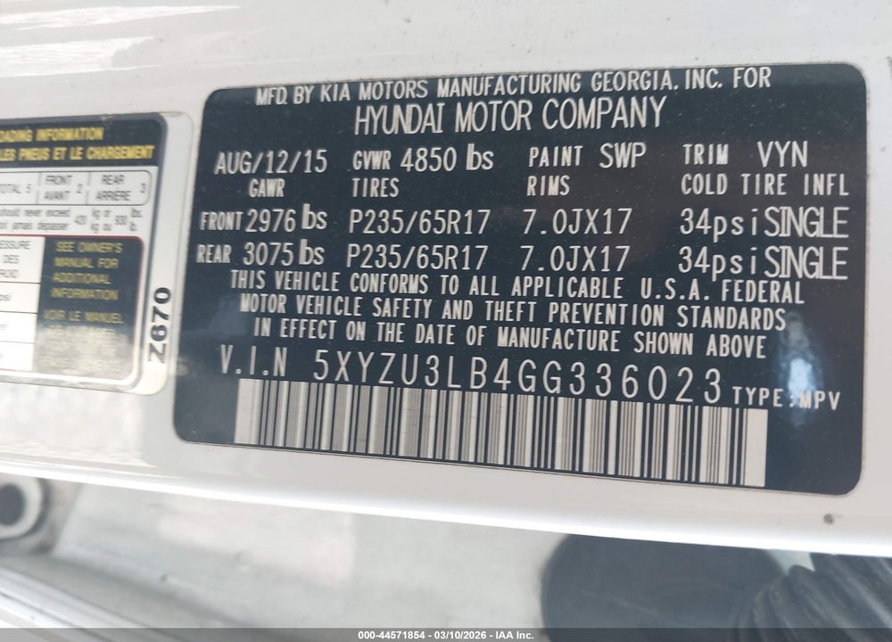 2016 HYUNDAI SANTA FE SPORT 2.4L VIN: 5XYZU3LB4GG336023