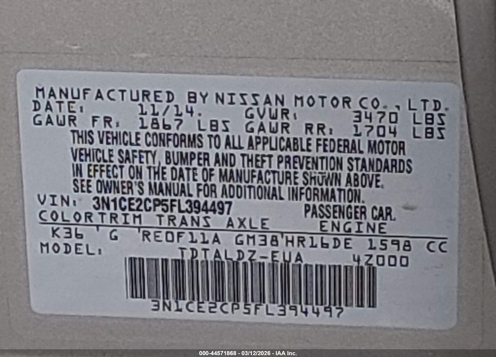 2015 NISSAN VERSA VIN: 3N1CE2CP5FL394497