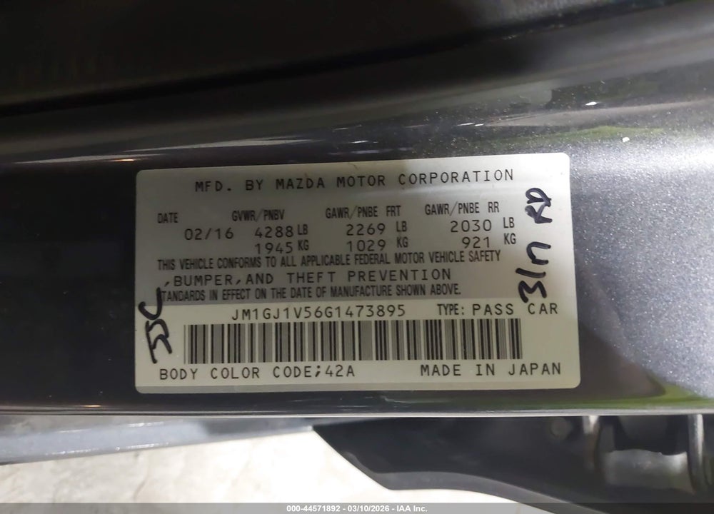 2016 MAZDA 6 I TOURING VIN: JM1GJ1V56G1473895