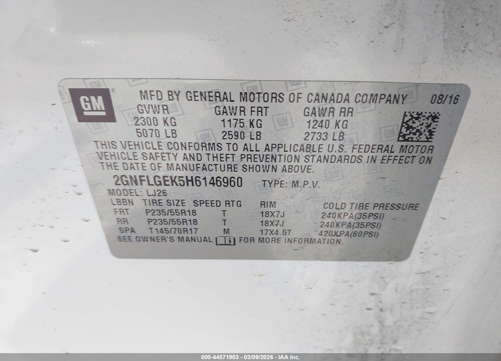 2017 CHEVROLET EQUINOX PREMIER VIN: 2GNFLGEK5H6146960