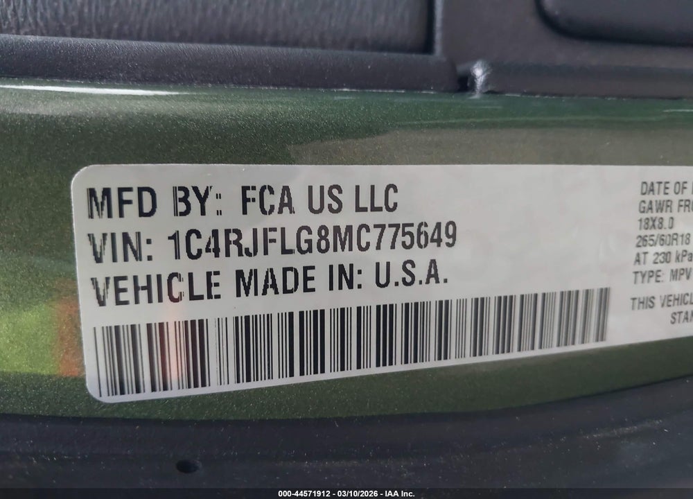 2021 JEEP GRAND CHEROKEE VIN: 1C4RJFLG8MC775649