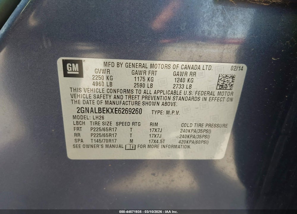 2014 CHEVROLET EQUINOX 1LT VIN: 2GNALBEKXE6269260