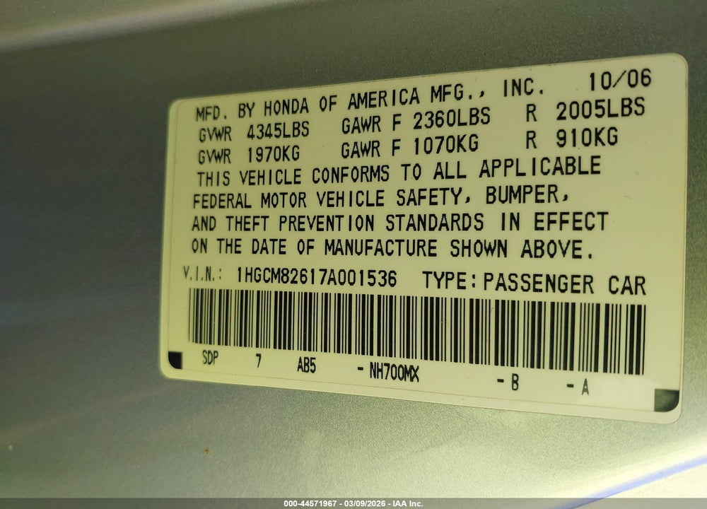 2007 HONDA ACCORD 3.0 EX VIN: 1HGCM82617A001536
