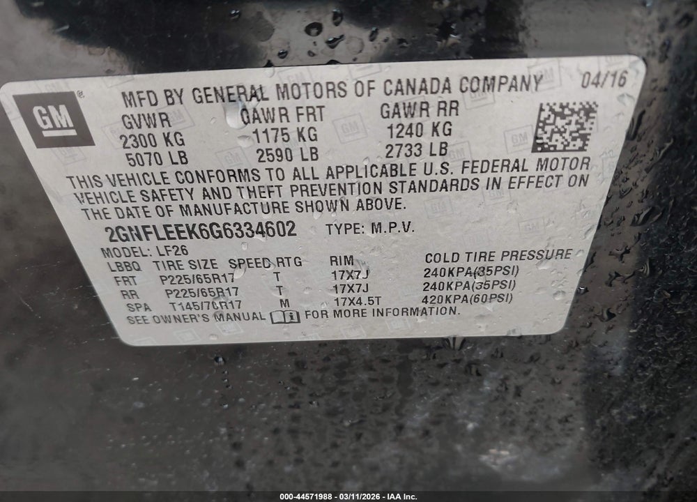 2016 CHEVROLET EQUINOX LS VIN: 2GNFLEEK6G6334602