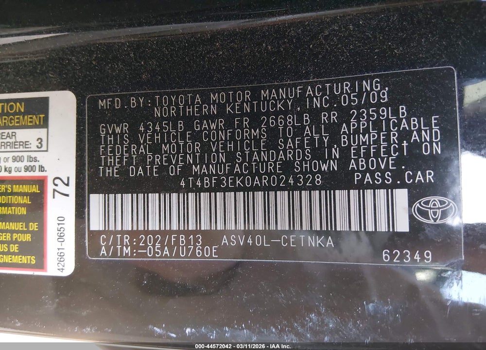 2010 TOYOTA CAMRY LE VIN: 4T4BF3EK0AR024328