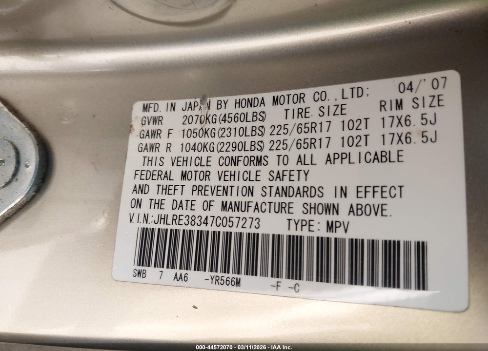 2007 HONDA CR-V LX VIN: JHLRE38347C057273