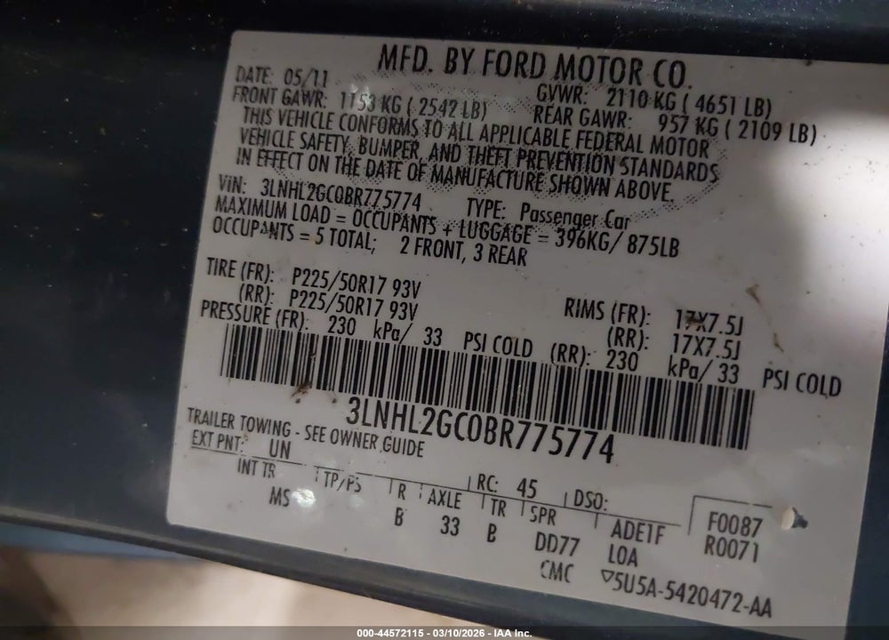 2011 LINCOLN MKZ VIN: 3LNHL2GC0BR775774