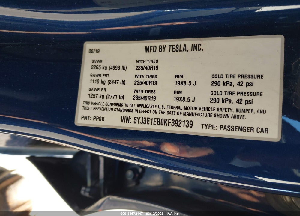 2019 TESLA MODEL 3 LONG RANGE/PERFORMANCE VIN: 5YJ3E1EB0KF392139