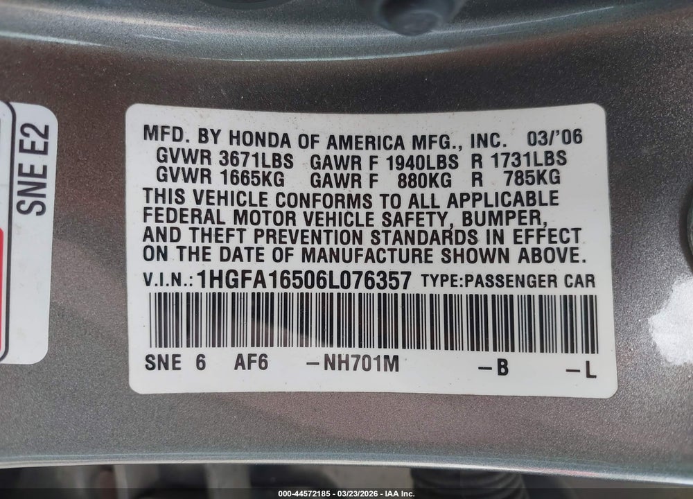 2006 HONDA CIVIC LX VIN: 1HGFA16506L076357