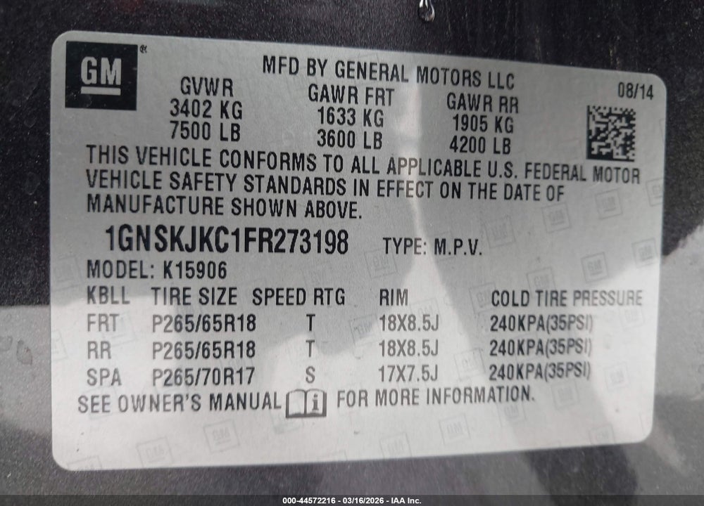 2015 CHEVROLET SUBURBAN 1500 LT VIN: 1GNSKJKC1FR273198